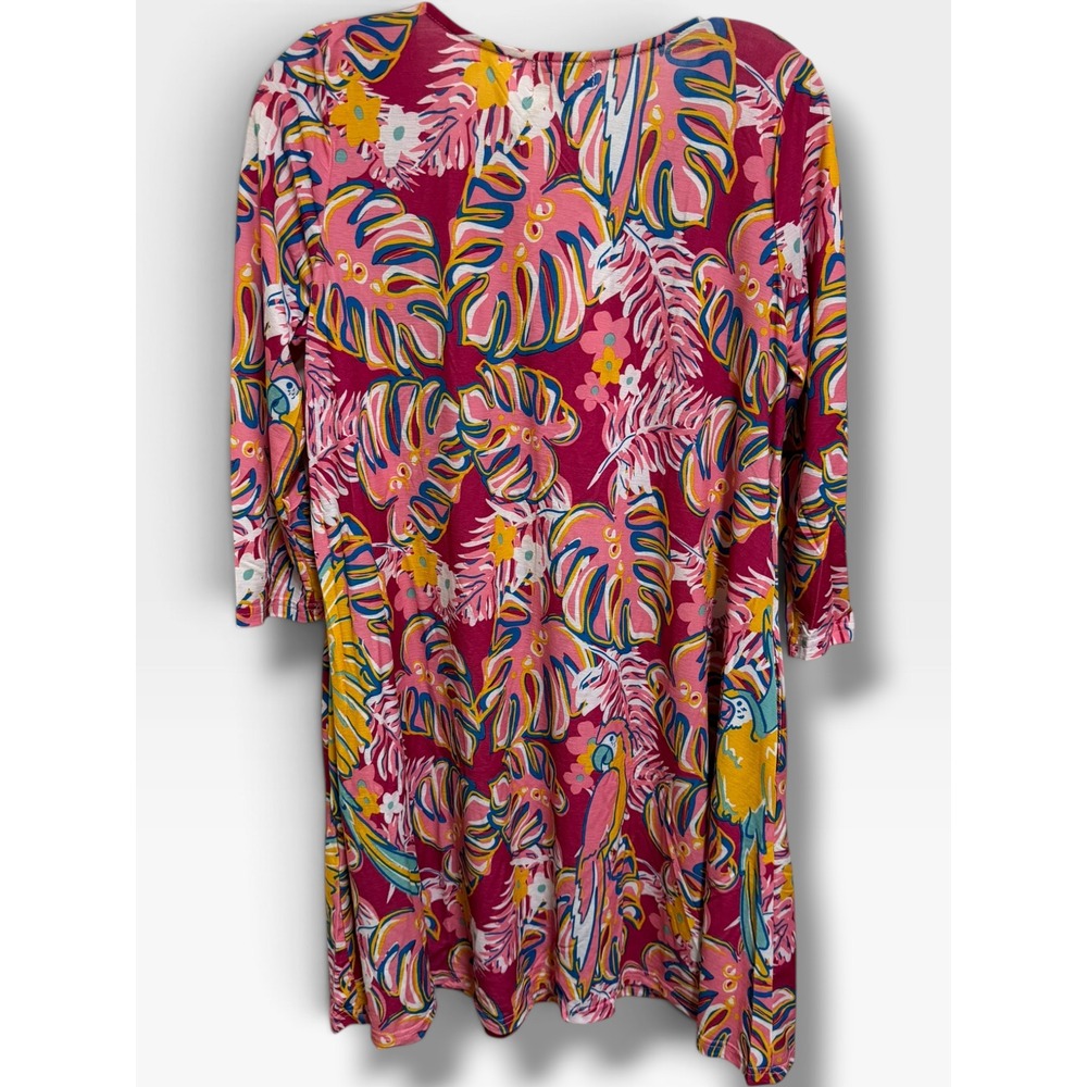 Simply Southern Tropical Parrot Dress Small Pink Palm Leaf Sharkbite Pockets NWT - Picture 4 of 10